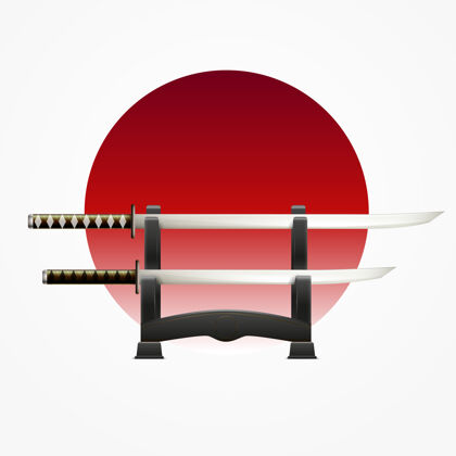 现实日本传统剑对红圈日本旗武士刀