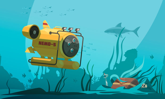 鱼深海潜水舱靠近海底被鱼和海藻包围的宝箱海藻箱底