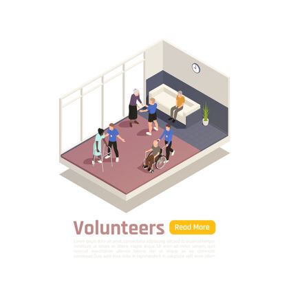 室内慈善捐赠志愿者等轴测插图 带医疗中心室内视图 带有人物文本和按钮中心按钮志愿者