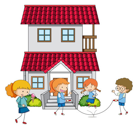 房子许多孩子在家里做不同的活动快乐建筑快乐