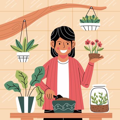 社会卡通女人照顾植物爱好自然卡通