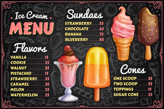 夏天手绘冰淇淋黑板菜单凉爽风味冰激凌