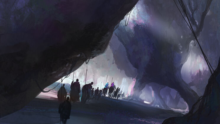 团队一群人在陌生的环境中行走 数码插画旅游寒冷科幻