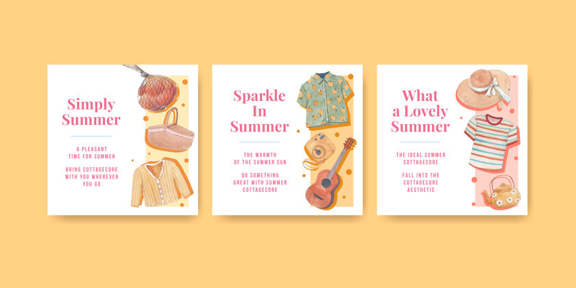 夏天方柱模板与夏季别墅核心概念 水彩画风格蛋糕茶Instagram帖子