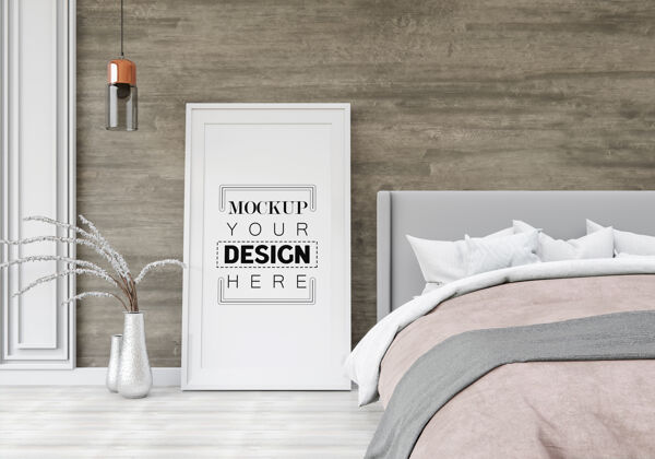 灰色海报框架模型室内卧室模型地板花