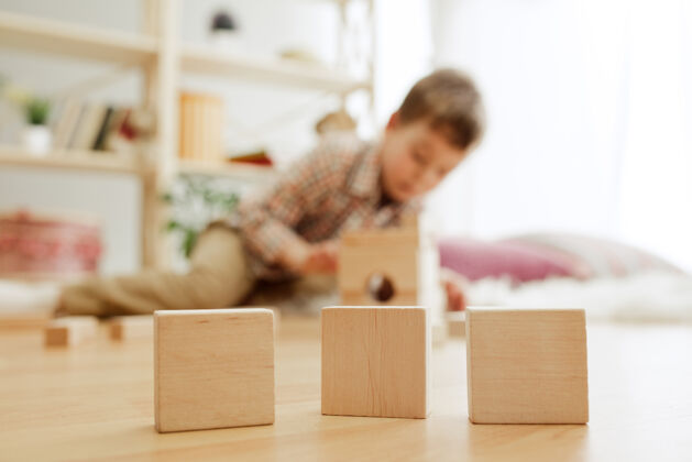 童年坐在地板上的小孩漂亮的男孩在家里玩木块木头活动立方体
