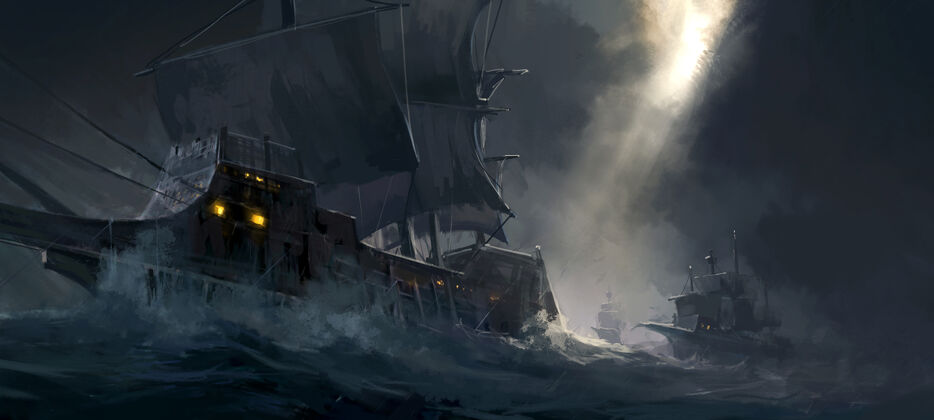古代古代战舰在波涛汹涌的海面上航行的数字绘画哥特式恐怖战斗