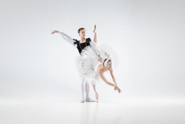 温柔支持优雅的经典芭蕾舞演员在白色工作室背景上孤立地跳舞穿着柔软衣服的情侣像一只白天鹅优雅 艺术家 动作 动作概念现代人舞蹈