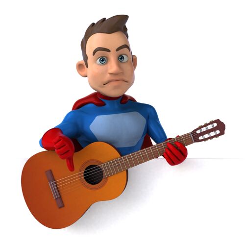 男人一个有趣的超级英雄有趣的三维插图斗篷吉他超级