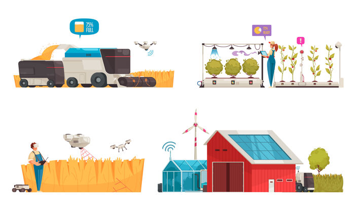 多彩智能农场集与清洁能源的自动化车辆隔离组成的插图等距农场人