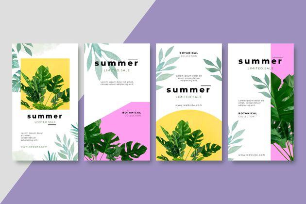包装手绘水彩画夏季instagram故事集与照片夏季Instagram故事社交媒体模板