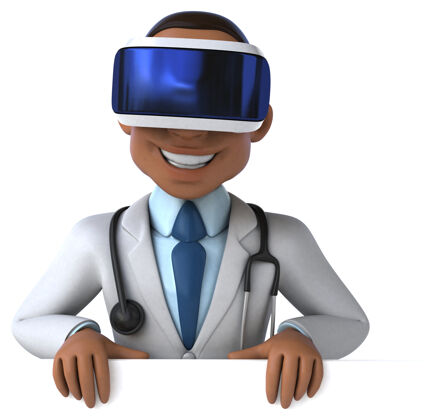 眼镜有趣的三维插图医生与虚拟现实头盔科技数字播放器