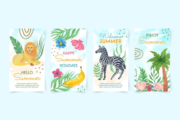 夏季模板手绘水彩画夏季instagram故事集夏季社交媒体故事社交媒体