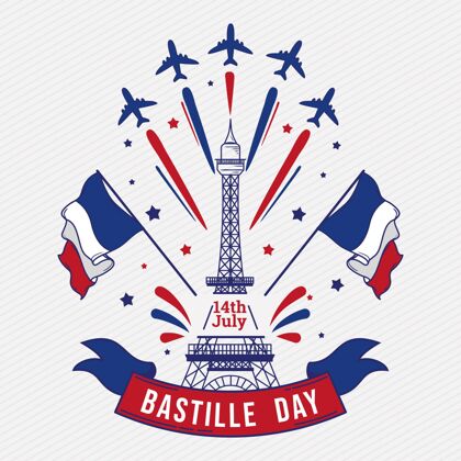 纪念手绘巴士底日插图埃菲尔铁塔法国庆祝