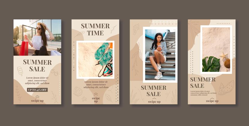 分类手绘夏季instagram故事集与照片包装社交媒体故事套装