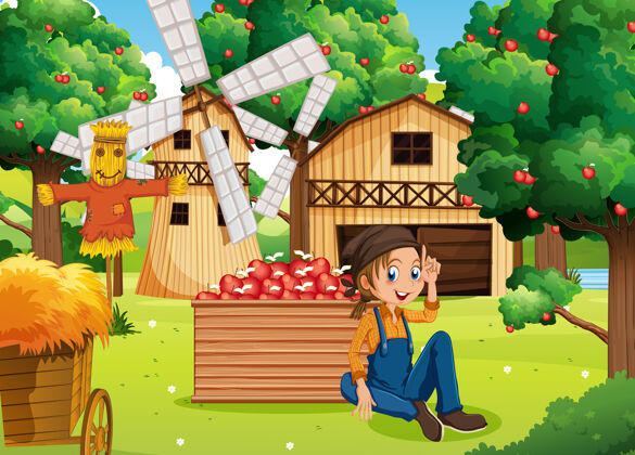 幼儿园农家女孩收割苹果的场景生物花园人物