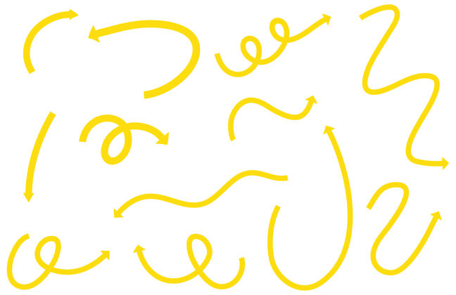 素描不同类型的黄色手绘白色曲线箭头轮廓手绘图