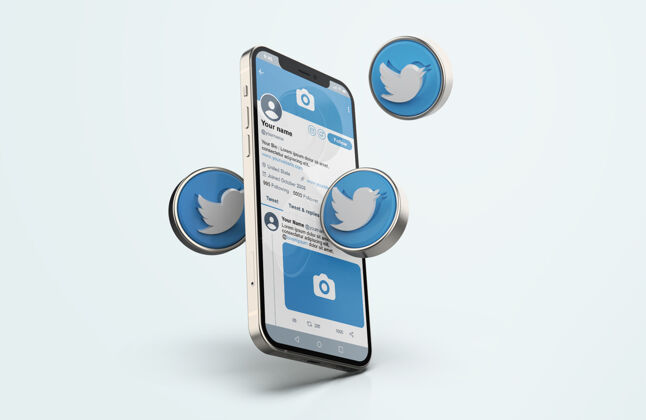 博客推特上的银色手机模型与三维图标个人资料技术通信