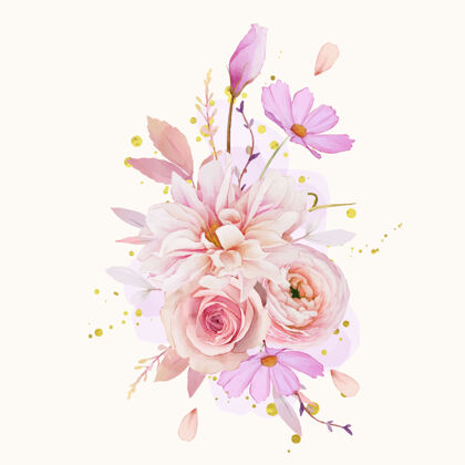 手绘水彩玫瑰大丽花和毛茛花束优雅花卉花卉