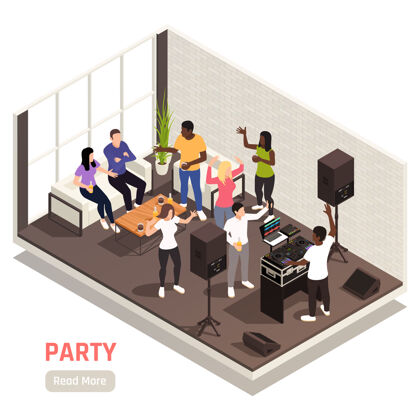 放大器公司dj娱乐团队建设党等距室内组成与音乐设备交谈跳舞的人转盘起居室舞蹈