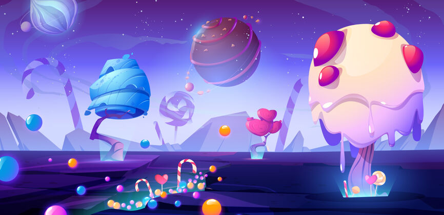 游戏糖果星球卡通插图与幻想外星人的树木和糖果魔术不寻常的自然景观棒棒糖蘑菇奇妙