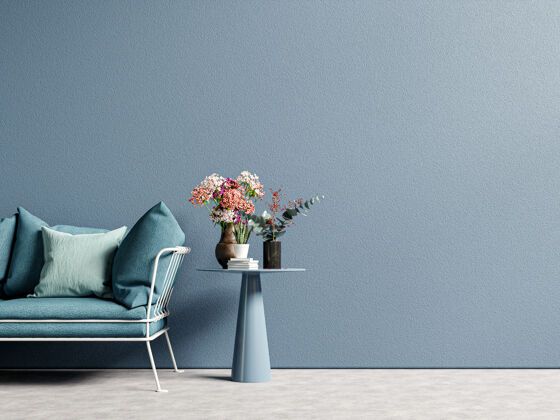 明亮时尚现代的木制客厅 空的深蓝色墙壁上有沙发 3d效果图客厅日出灯