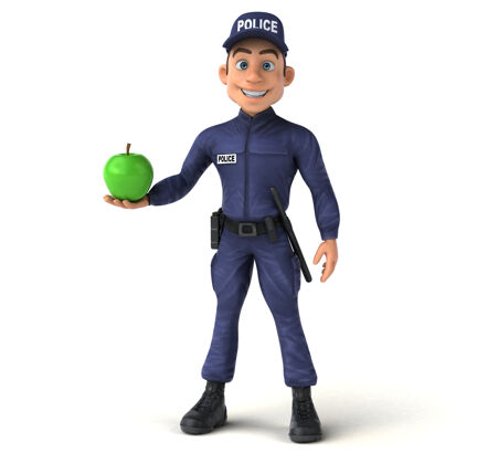 秩序有趣的卡通警察三维插图枪帽子水果