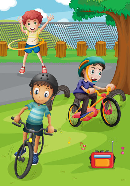 户外男孩们在公园里骑自行车和锻炼活动学生青年