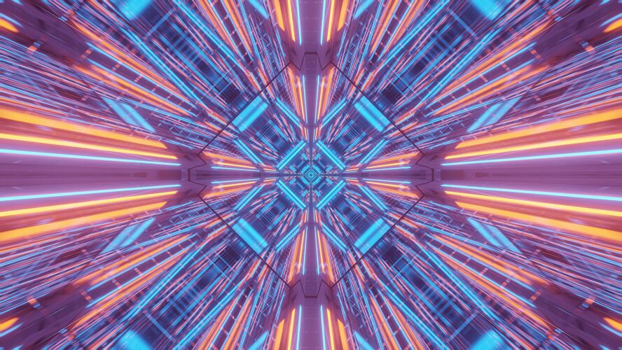 形状紫蓝色和橙色激光的宇宙背景-完美的数字墙纸图案技术霓虹灯