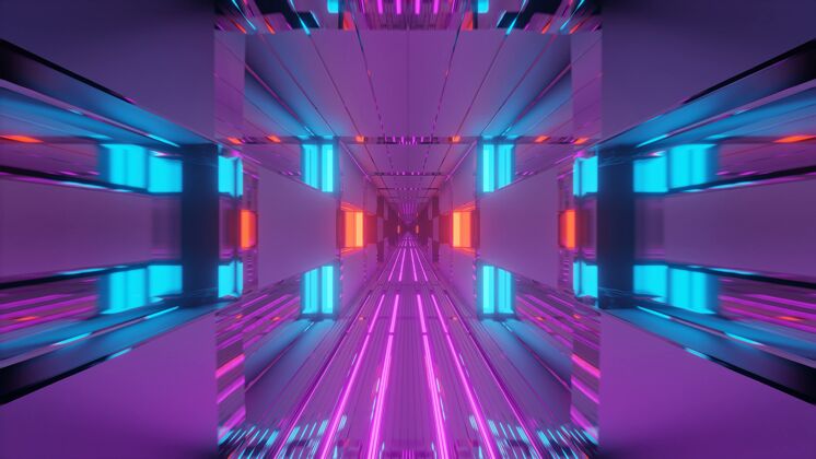 几何未来的隧道走廊与霓虹灯发光 一个三维渲染背景壁纸三维渲染能源未来