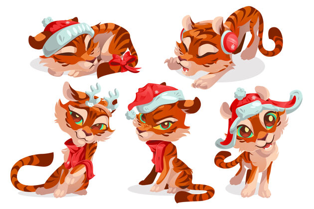 可爱可爱的小老虎角色圣诞老人姿势角