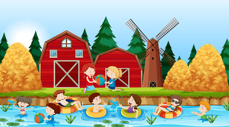 小屋活跃的孩子们在河里玩耍河流农村欢乐