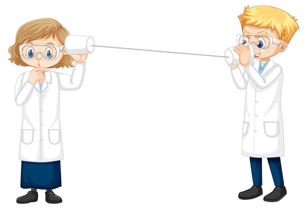男孩两个年轻的科学家在做弦电话实验服装电话长袍