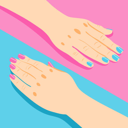 美甲美甲等长与女性手粉红色和蓝色指甲三维隔离粉红色蓝色女性