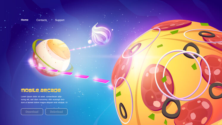 漫画有趣的移动游戏横幅与食物行星在外太空食物蓝色宇宙