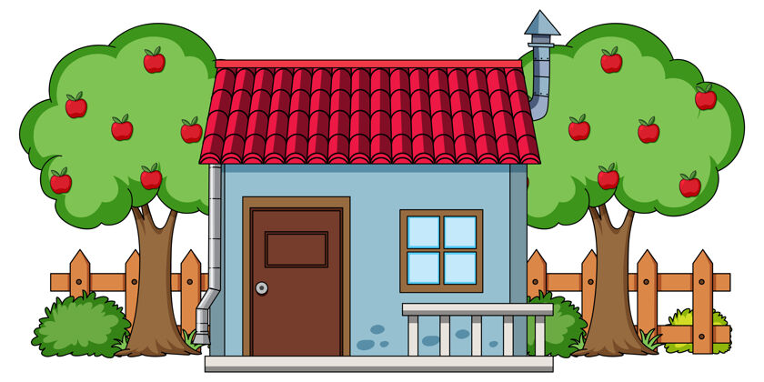剪辑白色背景上带有自然元素的房子的正面视图建筑房子卡通