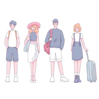 行李一群游客带着行李和背包站在卡通人物站朋友情侣