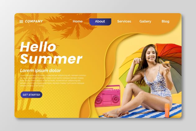 潜在客户捕获页平面夏季登陆页模板与照片夏季网站静态页