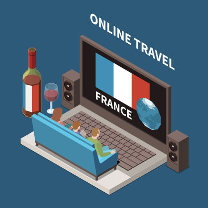 扬声器在线旅游等距组成的人看节目有关法国的笔记本电脑上葡萄酒旗帜法国