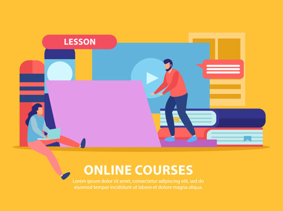 学习网上教育平面插图与电脑内容和书籍与人类的性格组成在线课程课程人