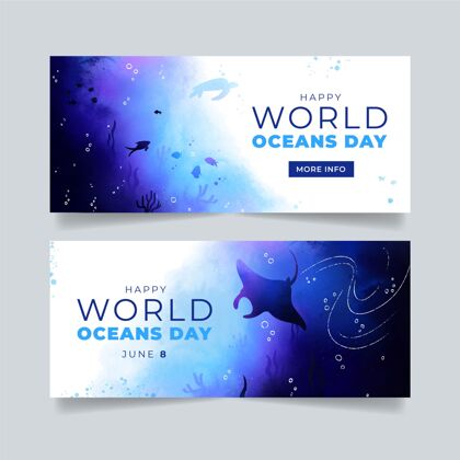 海洋手绘水彩画世界海洋日横幅模板国际环境活动