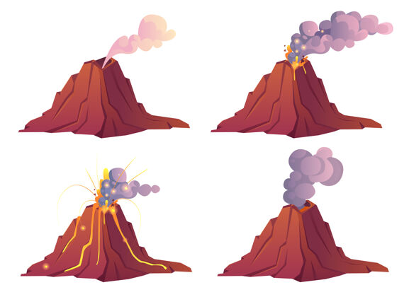 火山口火山喷发阶段火山喷发与热熔岩火灾和烟雾云灾难舞台热