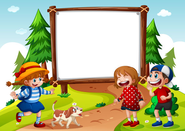 女孩空白横幅与三个孩子在自然场景童年男孩家庭