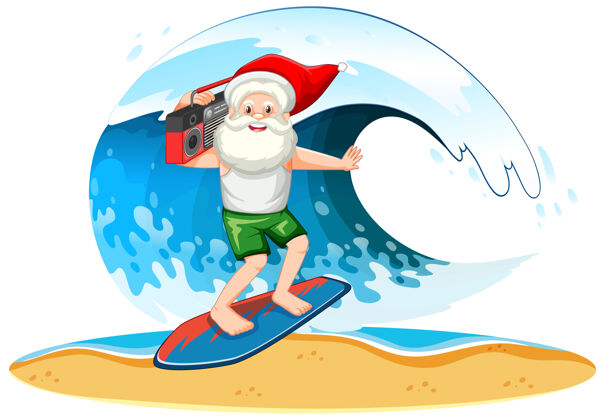 红色圣诞老人冲浪与波浪在夏季主题白色背景假期微笑圣诞老人