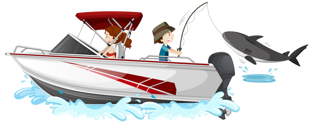 水孩子们从白色背景的快艇上钓鱼汽车海洋自然