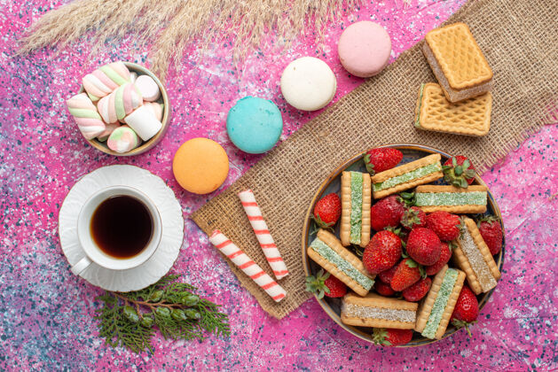 糖俯瞰美味的华夫饼干与法国马卡龙和茶在粉红色的表面盘子美味早餐