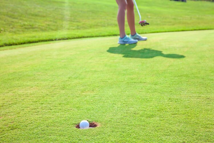 娱乐特写镜头的球进入一个洞在高尔夫球场与一名球员杯游戏草地