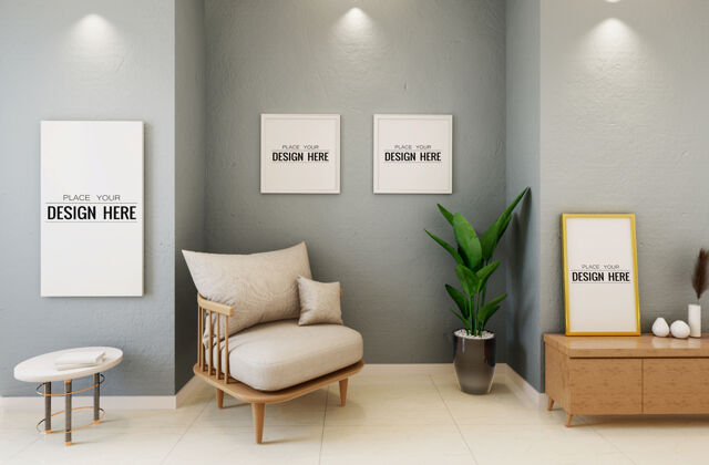 家具海报框架模型在墙上与植物三维墙房间最小