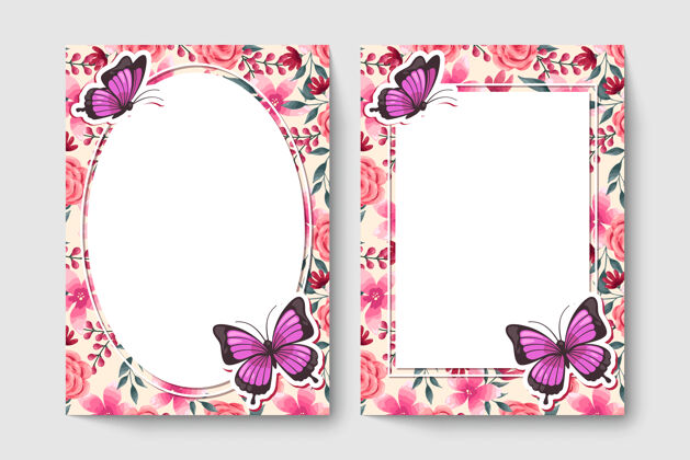 花卉植物卡片上有粉色的花 叶子 蝴蝶花束花卉开花