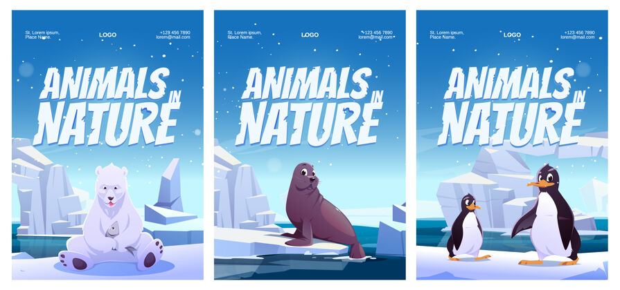 极地动物在自然海报与企鹅北极熊和海豹冬天南极场景
